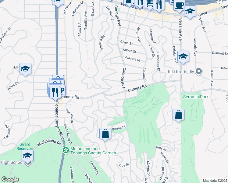 map of restaurants, bars, coffee shops, grocery stores, and more near 21503 Dumetz Road in Los Angeles