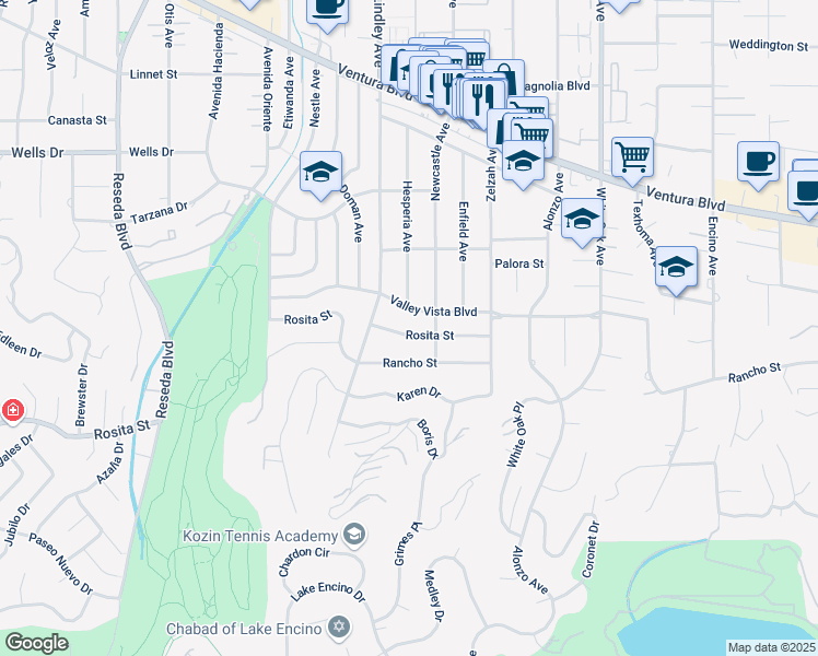 map of restaurants, bars, coffee shops, grocery stores, and more near 18033 Rosita Street in Los Angeles