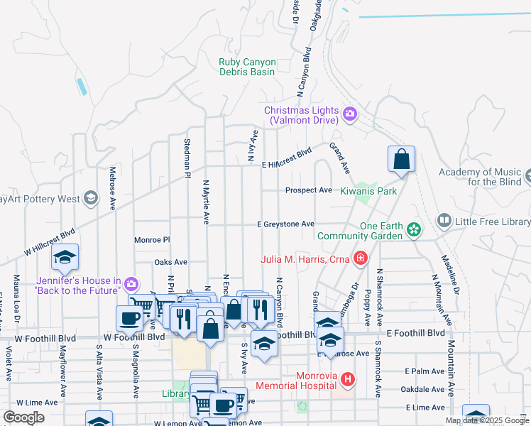 map of restaurants, bars, coffee shops, grocery stores, and more near 314 May Avenue in Monrovia
