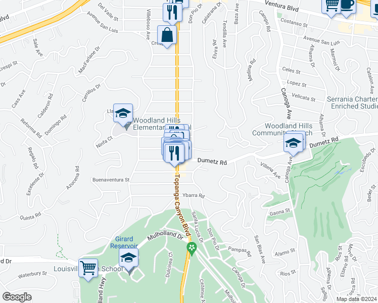 map of restaurants, bars, coffee shops, grocery stores, and more near 21908 Providencia Street in Los Angeles