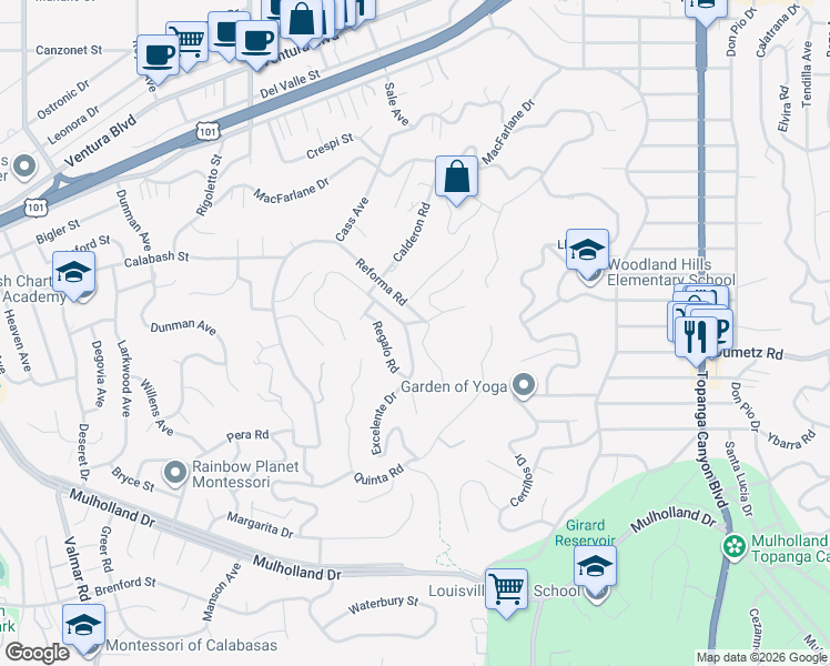 map of restaurants, bars, coffee shops, grocery stores, and more near 22469 Sentar Road in Los Angeles