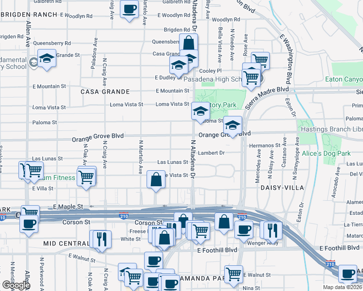 map of restaurants, bars, coffee shops, grocery stores, and more near 2470 East Orange Grove Boulevard in Pasadena