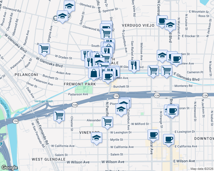 map of restaurants, bars, coffee shops, grocery stores, and more near 513 Hahn Avenue in Glendale