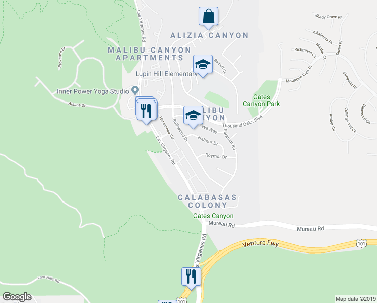 map of restaurants, bars, coffee shops, grocery stores, and more near 5539 Ruthwood Drive in Calabasas