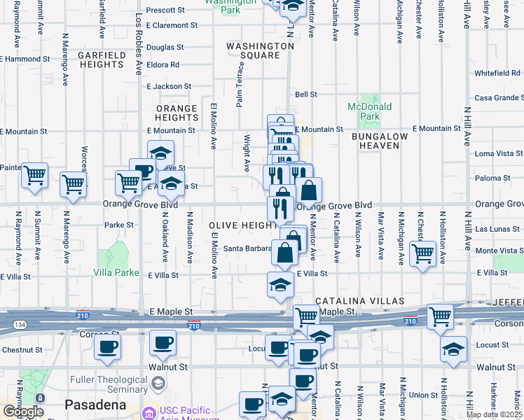 map of restaurants, bars, coffee shops, grocery stores, and more near 795 East Orange Grove Boulevard in Pasadena
