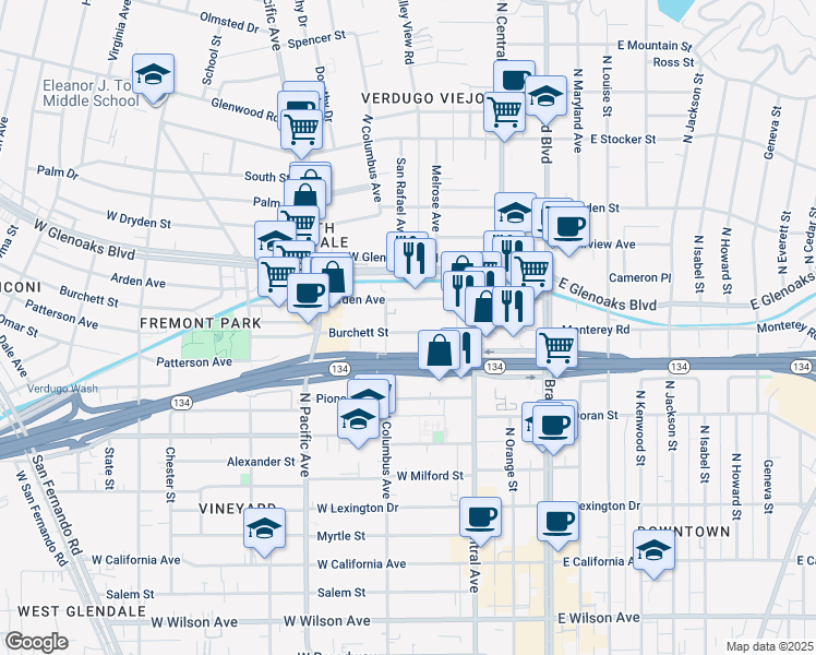map of restaurants, bars, coffee shops, grocery stores, and more near 365 Burchett Street in Glendale