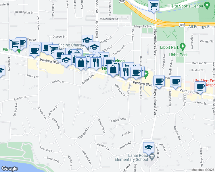 map of restaurants, bars, coffee shops, grocery stores, and more near 4728 Park Encino Lane in Los Angeles