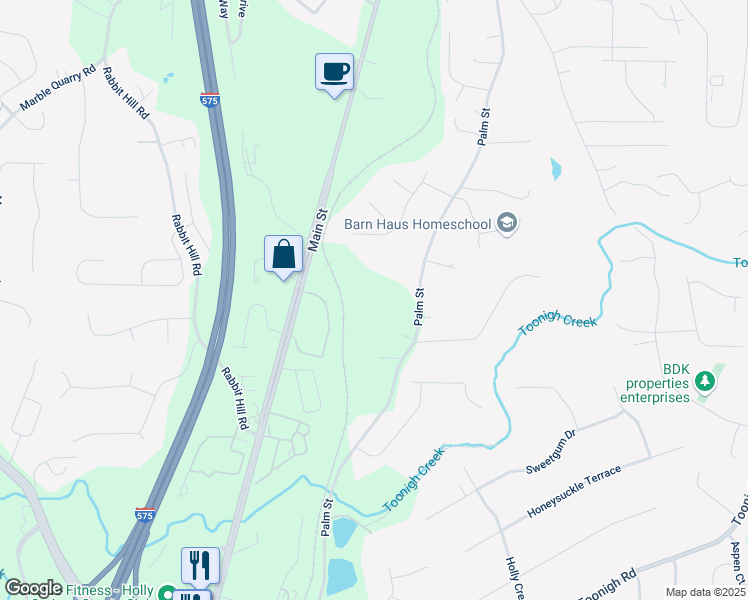 map of restaurants, bars, coffee shops, grocery stores, and more near 1414 Palm Street in Holly Springs