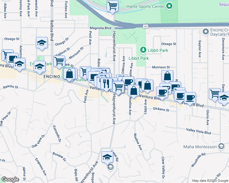 map of restaurants, bars, coffee shops, grocery stores, and more near Ventura Boulevard & Hayvenhurst Avenue in Los Angeles