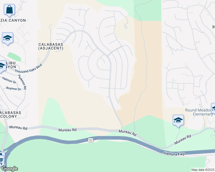 map of restaurants, bars, coffee shops, grocery stores, and more near 25605 Queenscliff Court in Calabasas