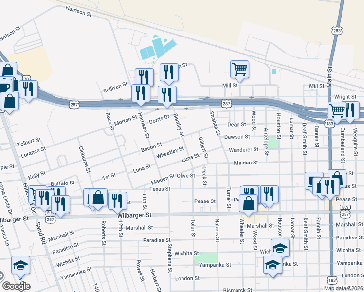 map of restaurants, bars, coffee shops, grocery stores, and more near 1103 Bentley Street in Vernon