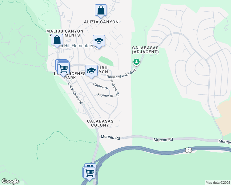 map of restaurants, bars, coffee shops, grocery stores, and more near 5523 Parkmor Road in Calabasas