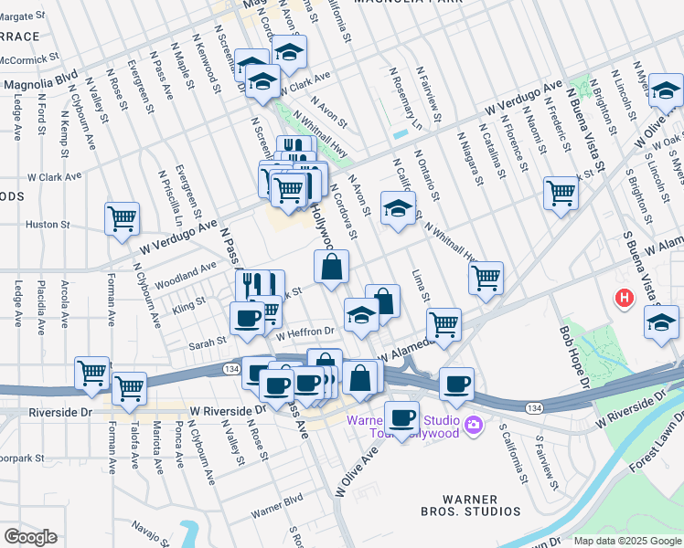 map of restaurants, bars, coffee shops, grocery stores, and more near North Hollywood Way & West Oak Street in Burbank