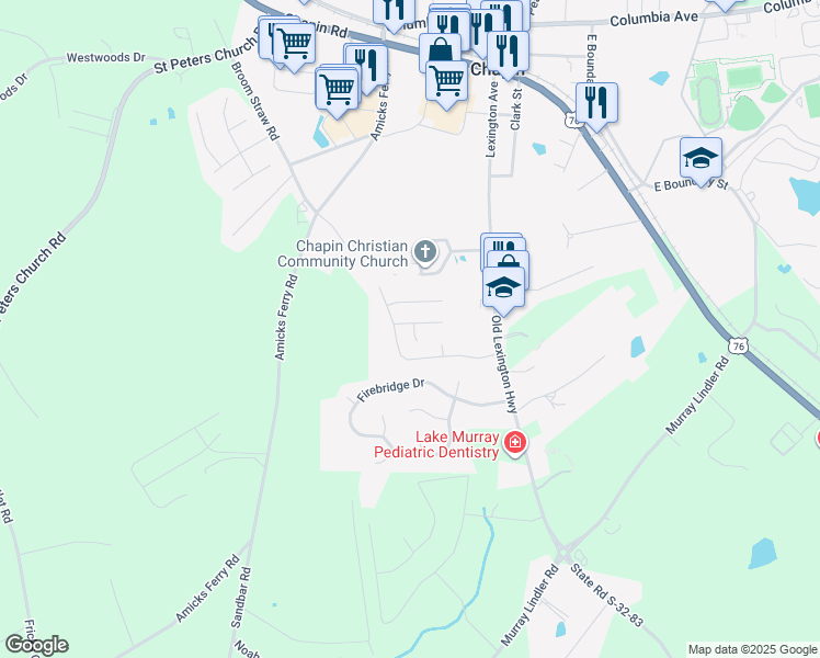 map of restaurants, bars, coffee shops, grocery stores, and more near 102 West Horn Court in Chapin