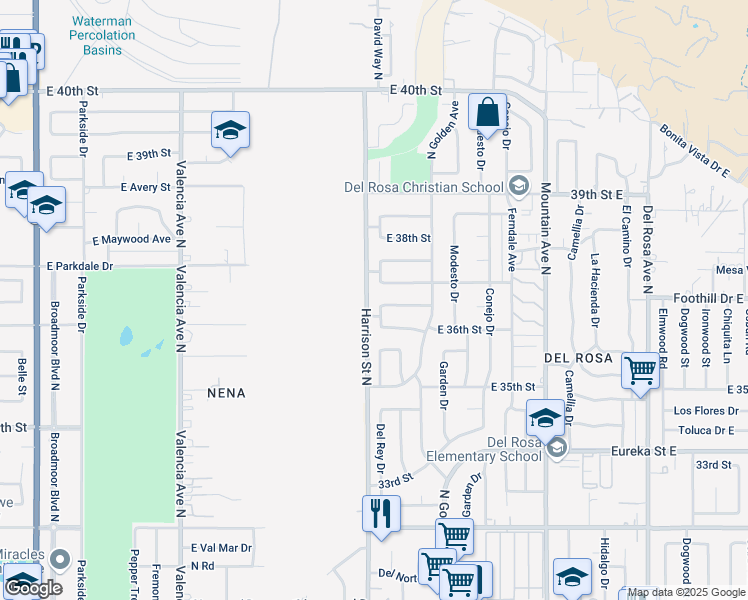 map of restaurants, bars, coffee shops, grocery stores, and more near 1111 East 37th Street in San Bernardino