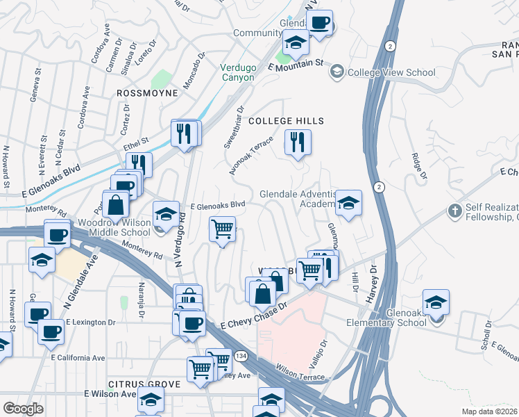 map of restaurants, bars, coffee shops, grocery stores, and more near 1460 East Glenoaks Boulevard in Glendale