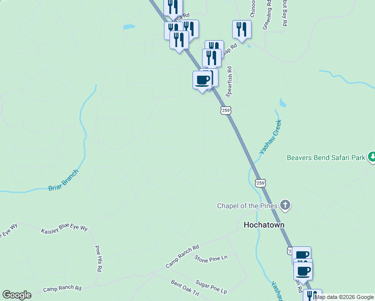map of restaurants, bars, coffee shops, grocery stores, and more near 234 Orange Grove Road in Broken Bow