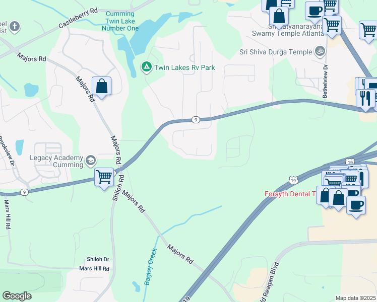 map of restaurants, bars, coffee shops, grocery stores, and more near 3077 Cross Creek Drive in Cumming