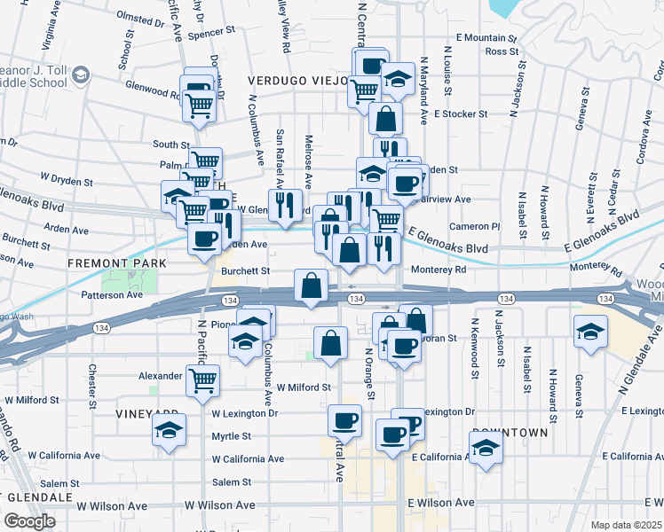map of restaurants, bars, coffee shops, grocery stores, and more near 809 North Central Avenue in Glendale