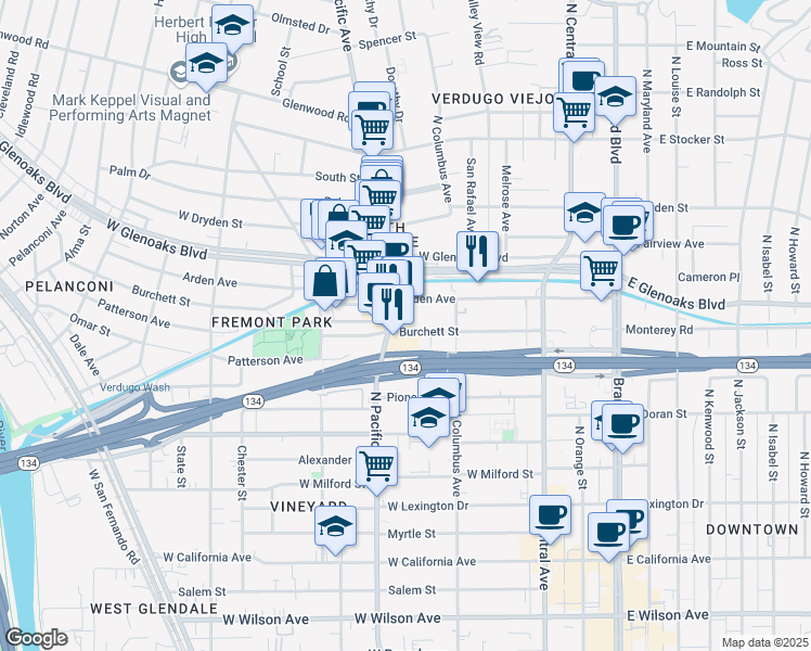 map of restaurants, bars, coffee shops, grocery stores, and more near 431 Burchett Street in Glendale