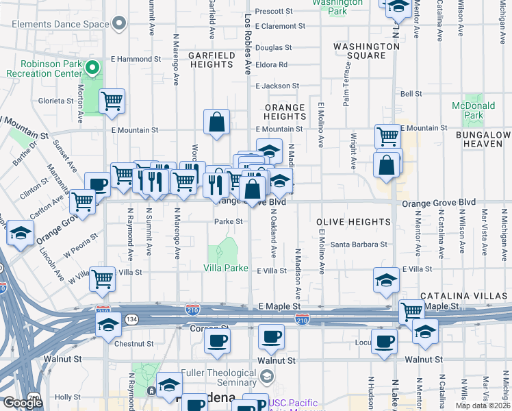 map of restaurants, bars, coffee shops, grocery stores, and more near 456 East Orange Grove Boulevard in Pasadena