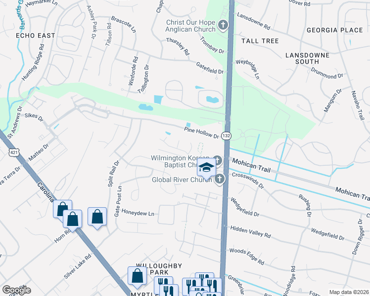 map of restaurants, bars, coffee shops, grocery stores, and more near 4411 Jasmine Cove Way in Wilmington