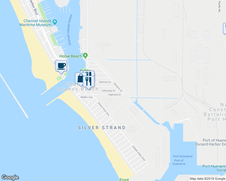 map of restaurants, bars, coffee shops, grocery stores, and more near 341 Cahuenga Drive in Oxnard