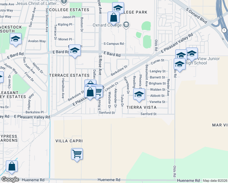 map of restaurants, bars, coffee shops, grocery stores, and more near 4710 Alexander Drive in Oxnard