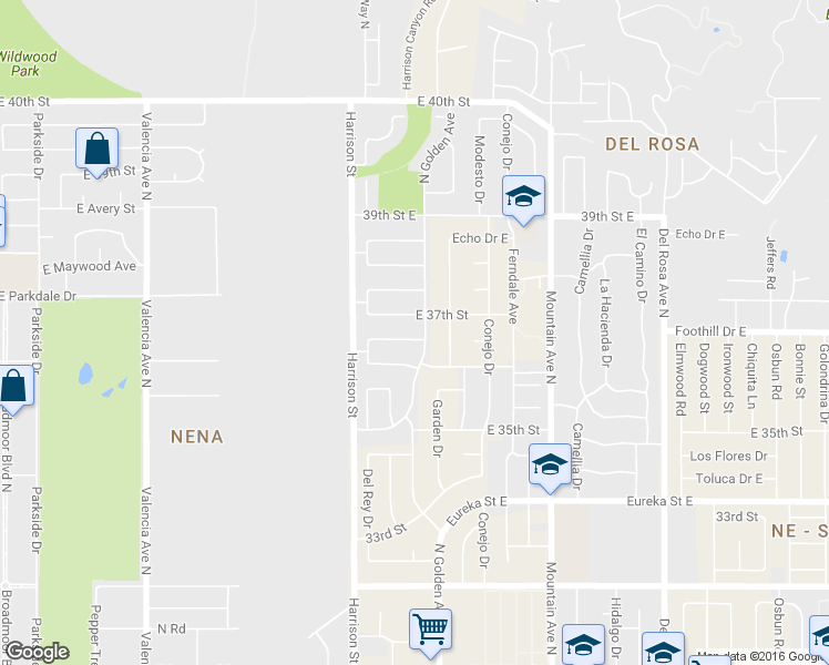map of restaurants, bars, coffee shops, grocery stores, and more near 1165 East 37th Street in San Bernardino