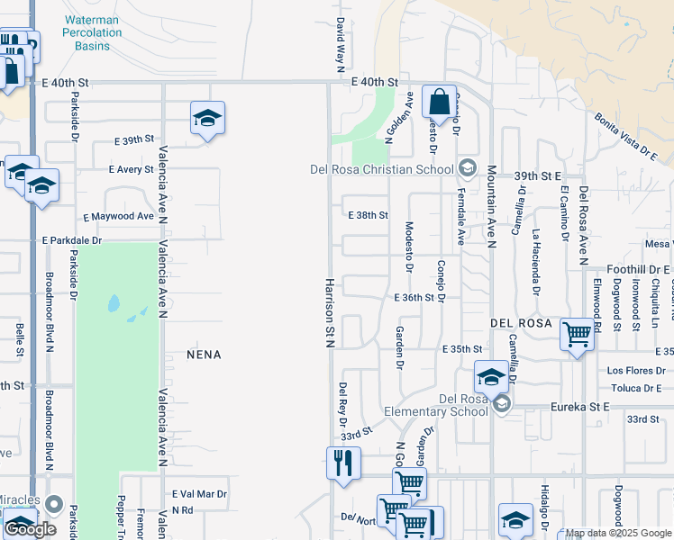 map of restaurants, bars, coffee shops, grocery stores, and more near 1111 East 37th Street in San Bernardino