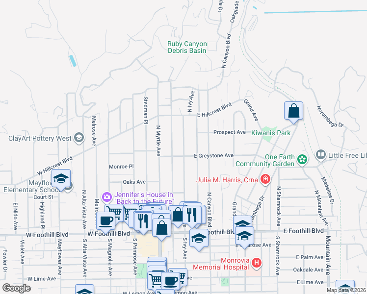 map of restaurants, bars, coffee shops, grocery stores, and more near 331 North Ivy Avenue in Monrovia