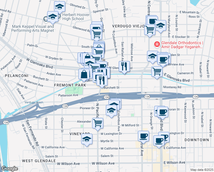 map of restaurants, bars, coffee shops, grocery stores, and more near 431 Burchett Street in Glendale