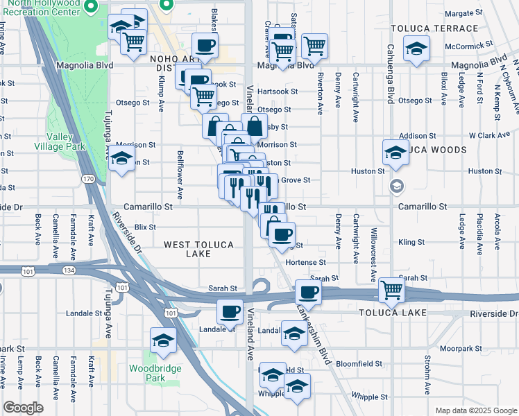 map of restaurants, bars, coffee shops, grocery stores, and more near 4817 Craner Avenue in Los Angeles