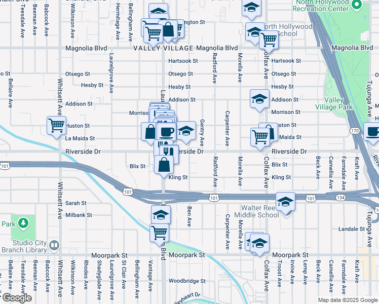 map of restaurants, bars, coffee shops, grocery stores, and more near 12021 Riverside Drive in Los Angeles