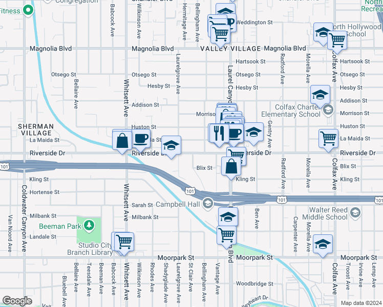 map of restaurants, bars, coffee shops, grocery stores, and more near 12217 Riverside Drive in Los Angeles