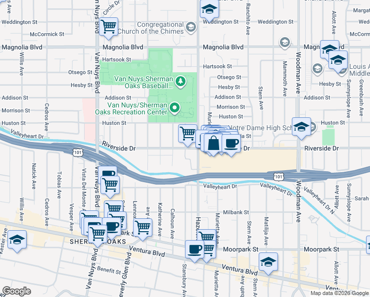 map of restaurants, bars, coffee shops, grocery stores, and more near 14141 Riverside Drive in Los Angeles