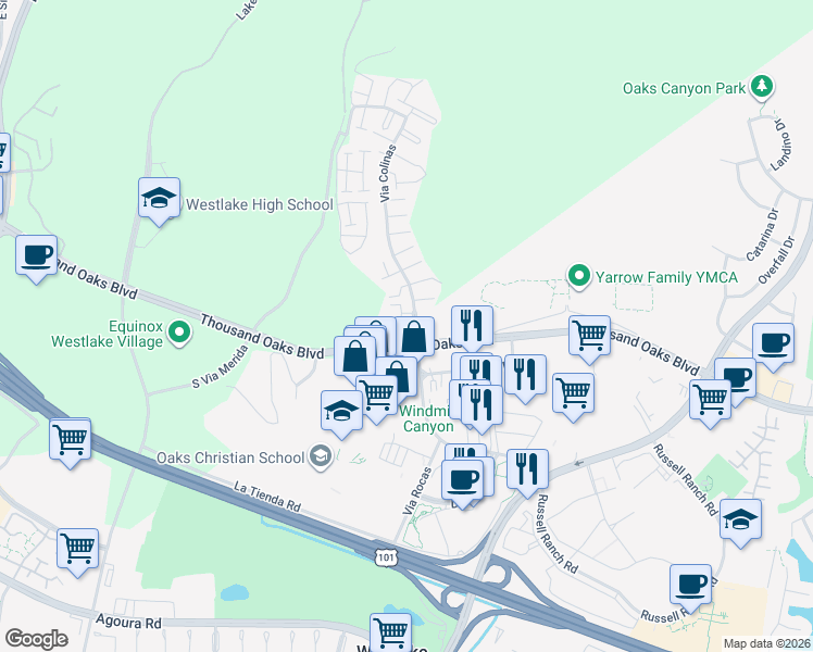 map of restaurants, bars, coffee shops, grocery stores, and more near 109 Via Colinas in Westlake Village