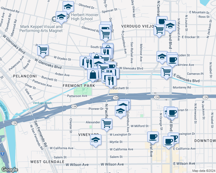 map of restaurants, bars, coffee shops, grocery stores, and more near 409 Burchett Street in Glendale