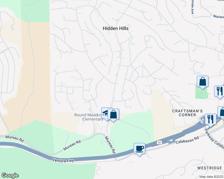 map of restaurants, bars, coffee shops, grocery stores, and more near 5287 Round Meadow Road in Hidden Hills