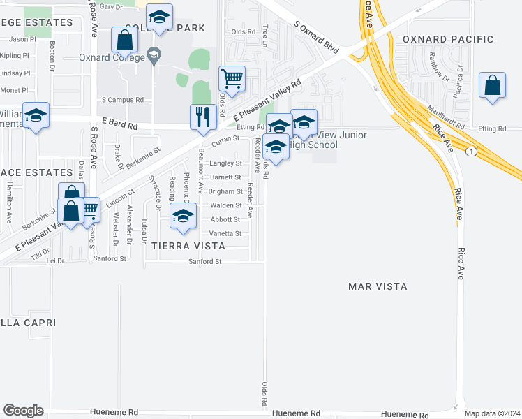 map of restaurants, bars, coffee shops, grocery stores, and more near 4701 Olds Road in Oxnard