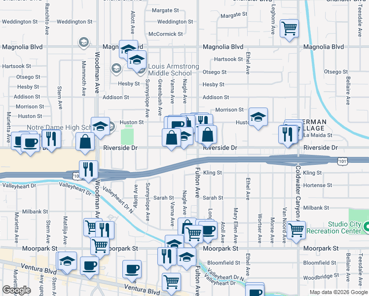 map of restaurants, bars, coffee shops, grocery stores, and more near 13351 Riverside Drive in Los Angeles