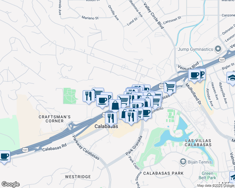 map of restaurants, bars, coffee shops, grocery stores, and more near 23763 Oakfield Road in Hidden Hills