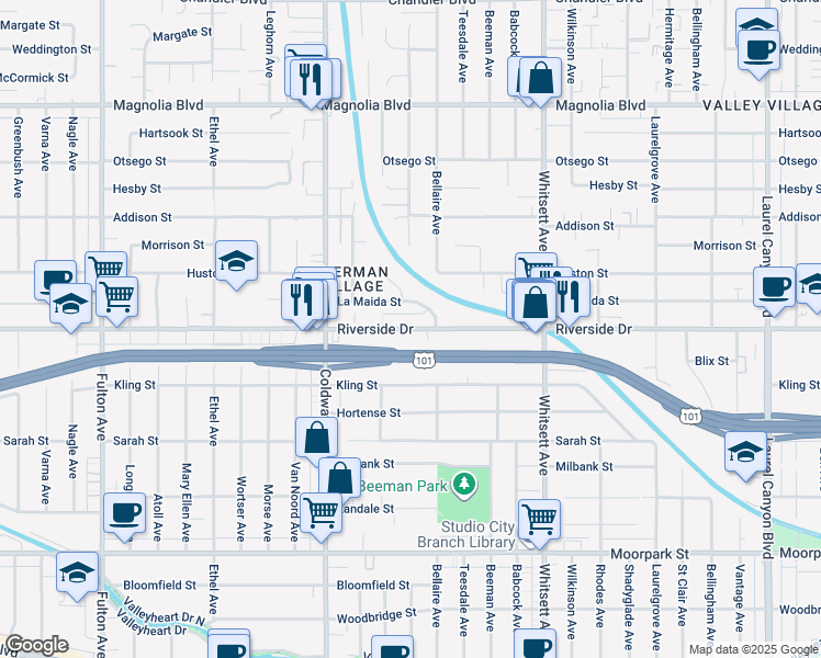 map of restaurants, bars, coffee shops, grocery stores, and more near 12717 Riverside Drive in Los Angeles