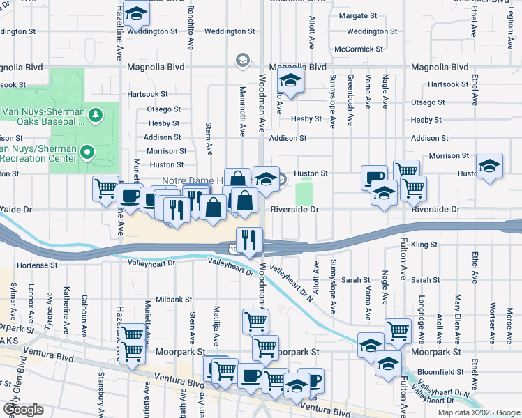 map of restaurants, bars, coffee shops, grocery stores, and more near Woodman Ave & Riverside Dr in Los Angeles