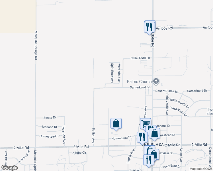 map of restaurants, bars, coffee shops, grocery stores, and more near 73365 Corbin Road in Twentynine Palms