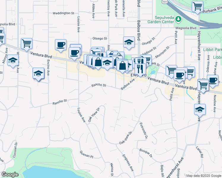 map of restaurants, bars, coffee shops, grocery stores, and more near 17040 Rancho Street in Los Angeles
