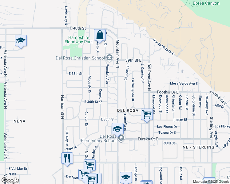map of restaurants, bars, coffee shops, grocery stores, and more near 3700 Mountain Avenue North in San Bernardino