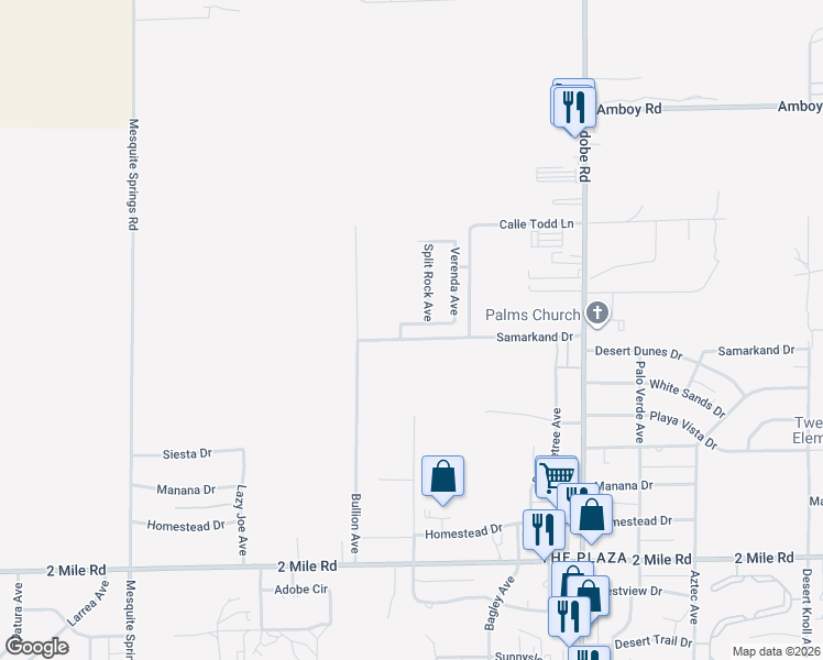 map of restaurants, bars, coffee shops, grocery stores, and more near 73365 Corbin Road in Twentynine Palms