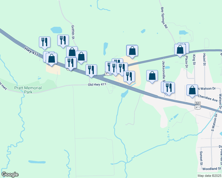 map of restaurants, bars, coffee shops, grocery stores, and more near 1585 West Main Street in Centre