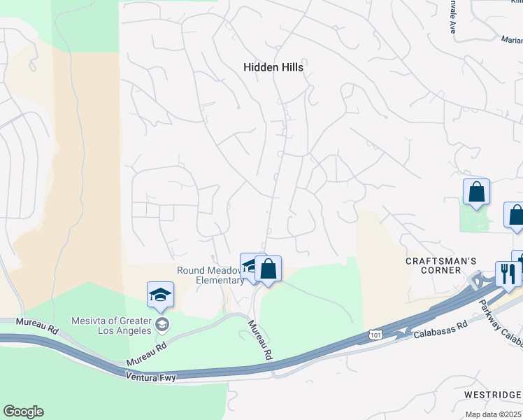 map of restaurants, bars, coffee shops, grocery stores, and more near 5287 Round Meadow Road in Hidden Hills